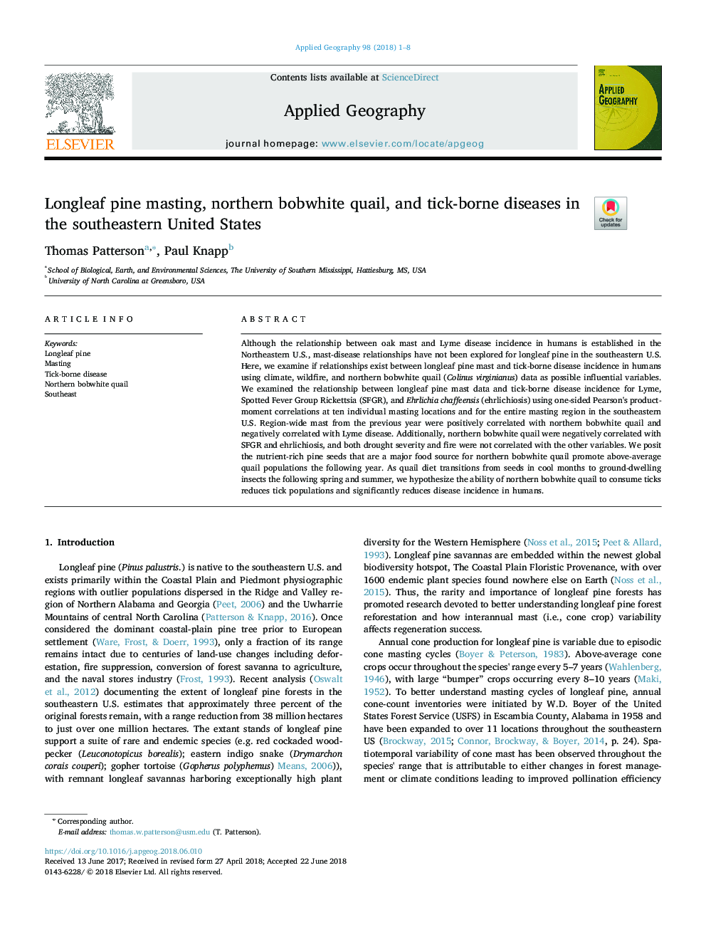 Longleaf pine masting, northern bobwhite quail, and tick-borne diseases in the southeastern United States