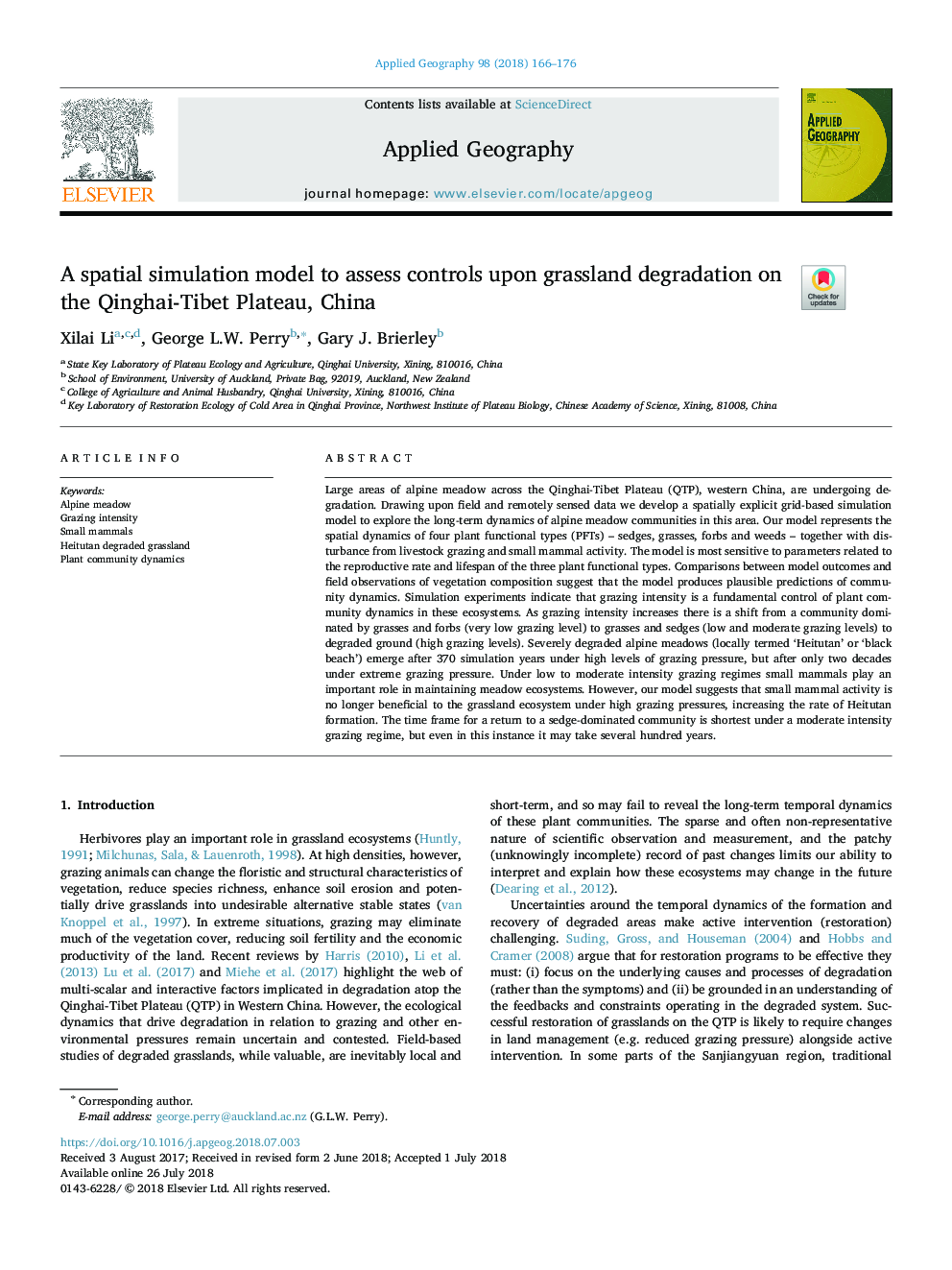 A spatial simulation model to assess controls upon grassland degradation on the Qinghai-Tibet Plateau, China