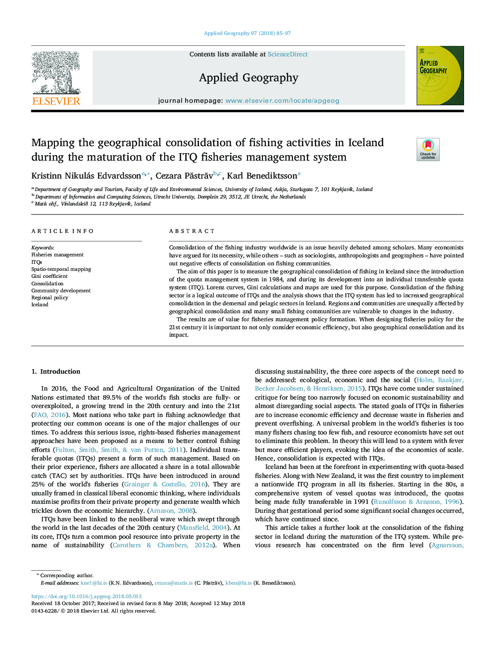 Mapping the geographical consolidation of fishing activities in Iceland during the maturation of the ITQ fisheries management system