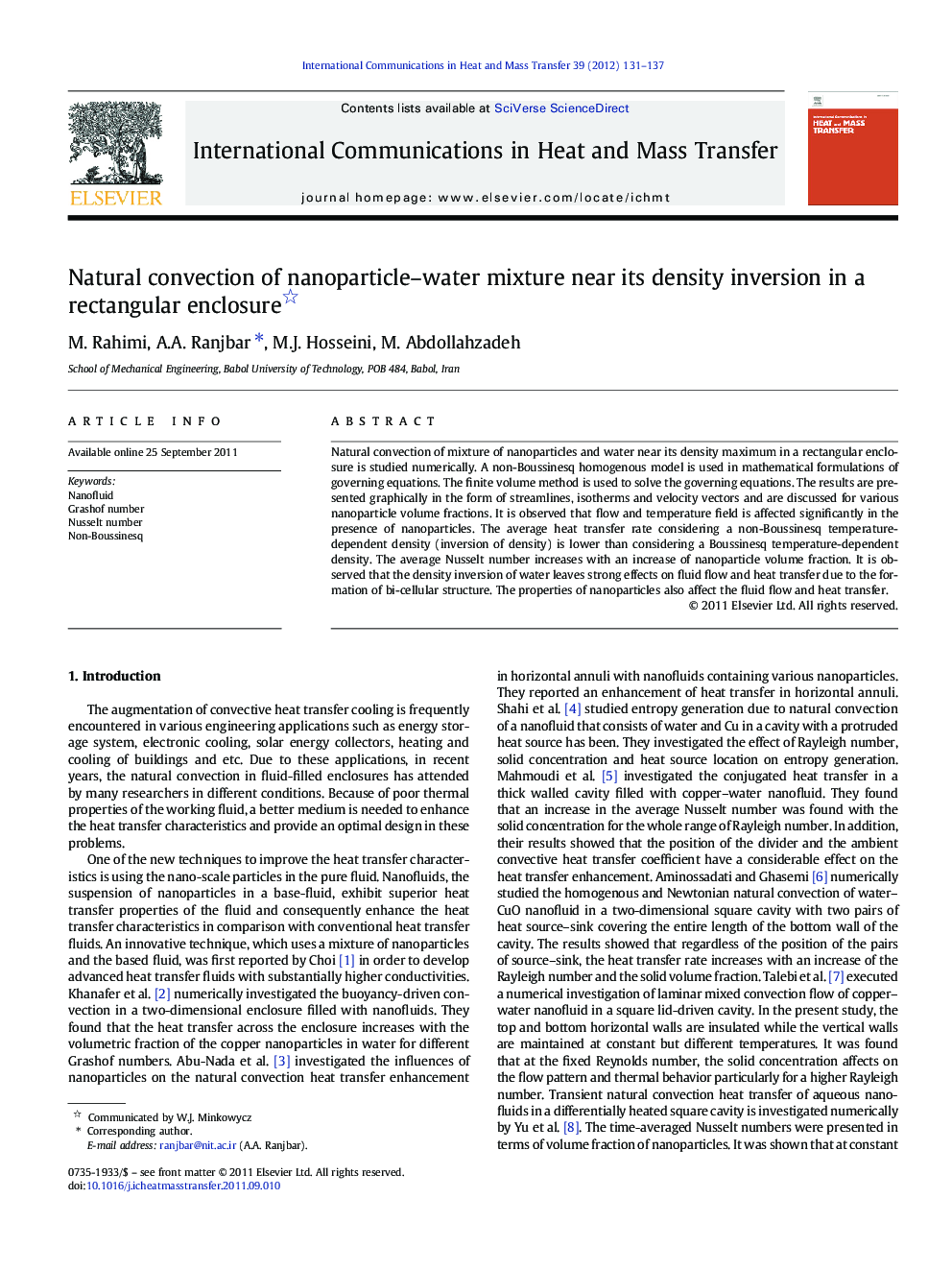 Natural convection of nanoparticle–water mixture near its density inversion in a rectangular enclosure 