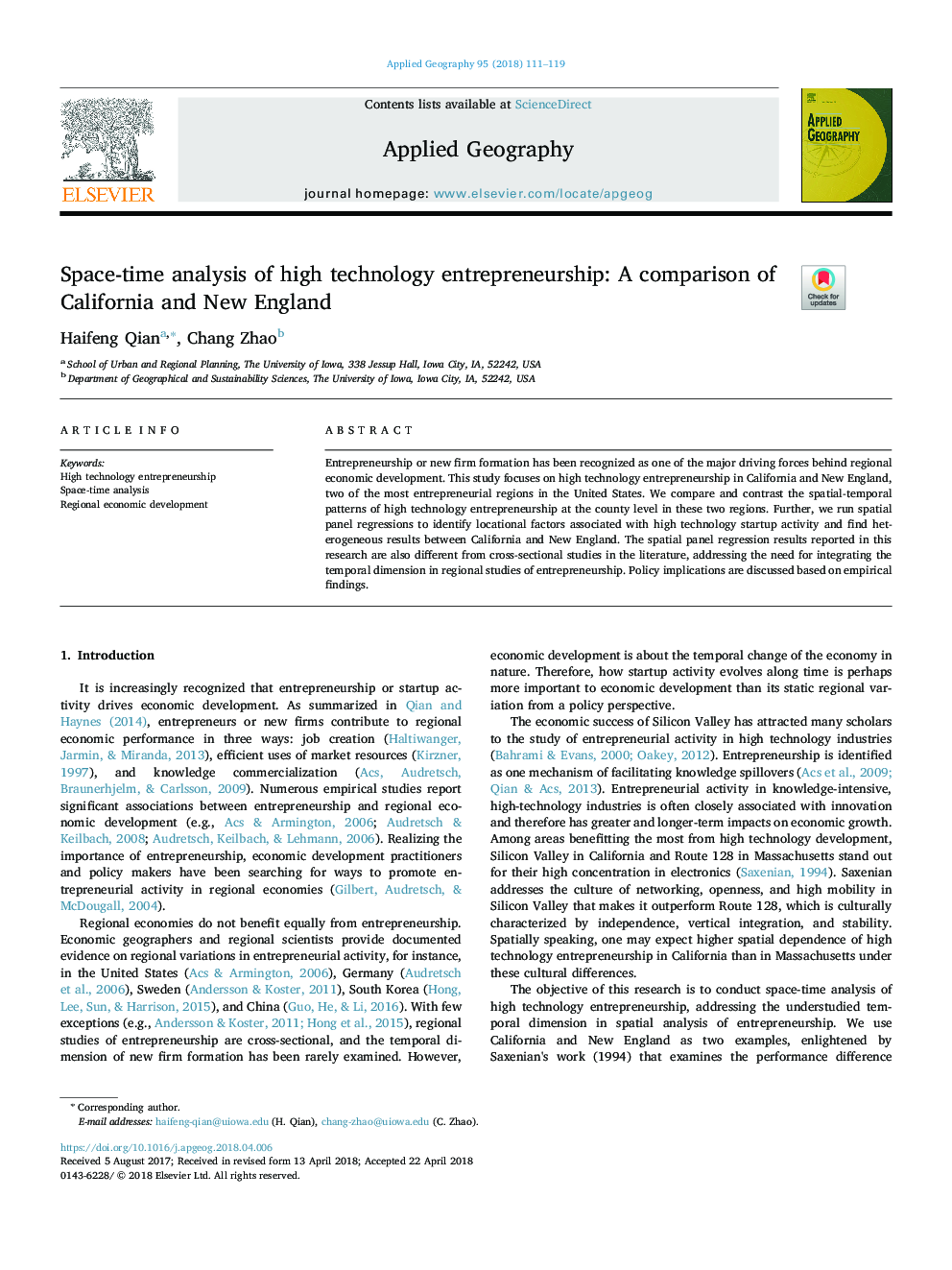 Space-time analysis of high technology entrepreneurship: A comparison of California and New England