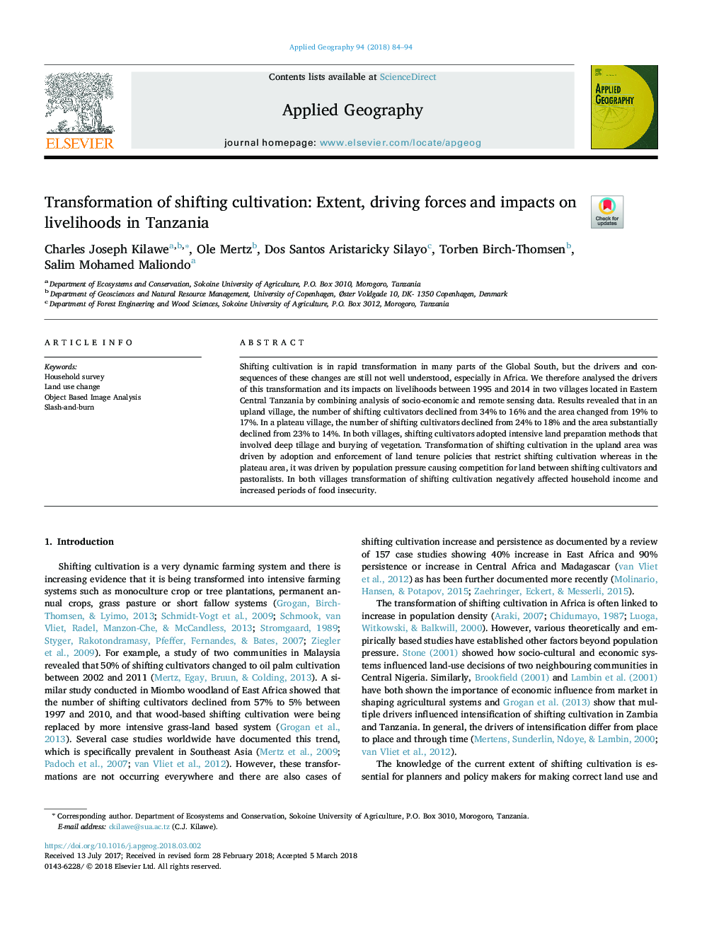 Transformation of shifting cultivation: Extent, driving forces and impacts on livelihoods in Tanzania