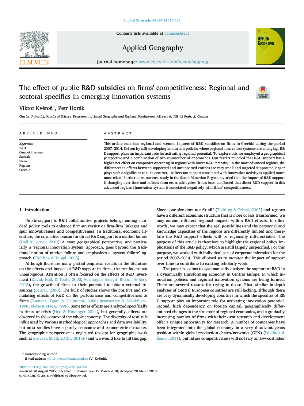 The effect of public R&D subsidies on firms' competitiveness: Regional and sectoral specifics in emerging innovation systems