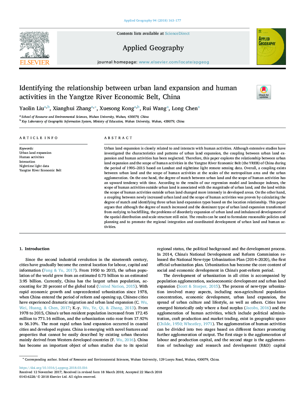 Identifying the relationship between urban land expansion and human activities in the Yangtze River Economic Belt, China