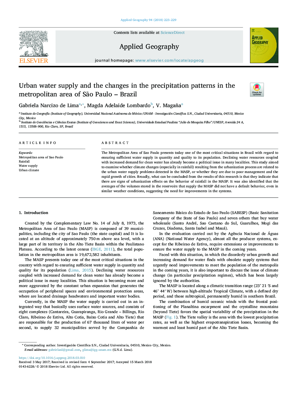 Urban water supply and the changes in the precipitation patterns in the metropolitan area of SÃ£o Paulo - Brazil