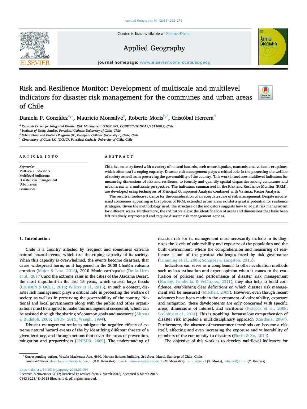 Risk and Resilience Monitor: Development of multiscale and multilevel indicators for disaster risk management for the communes and urban areas of Chile