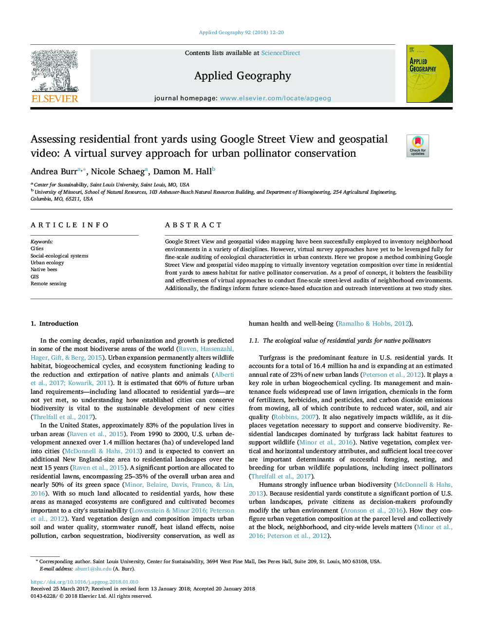Assessing residential front yards using Google Street View and geospatial video: A virtual survey approach for urban pollinator conservation
