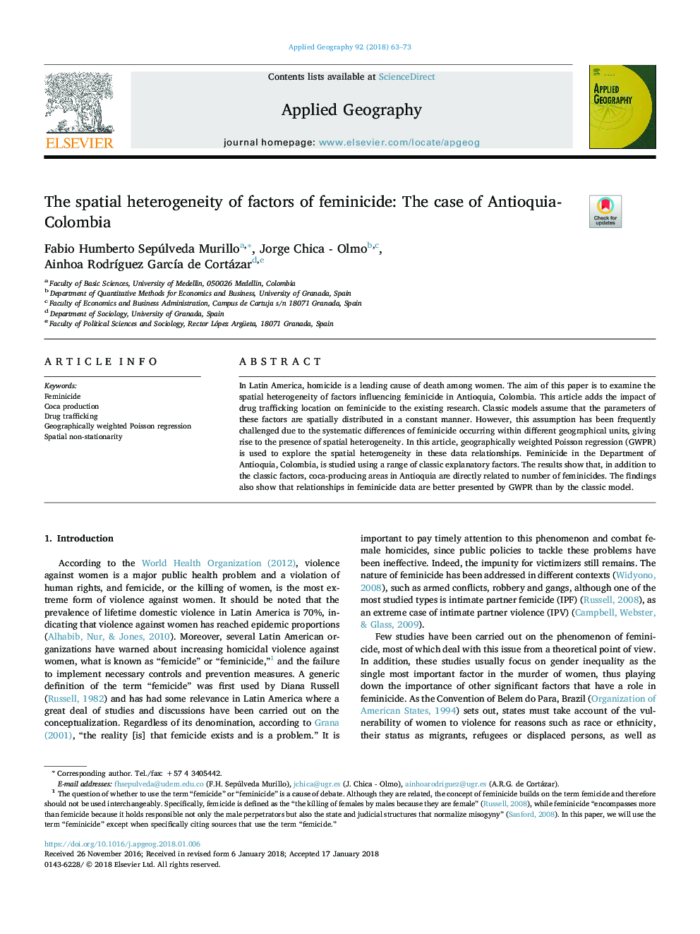 The spatial heterogeneity of factors of feminicide: The case of Antioquia-Colombia