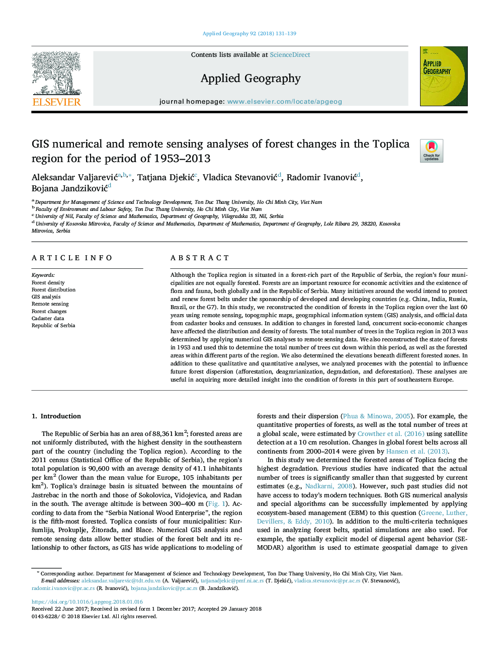 GIS numerical and remote sensing analyses of forest changes in the Toplica region for the period of 1953-2013