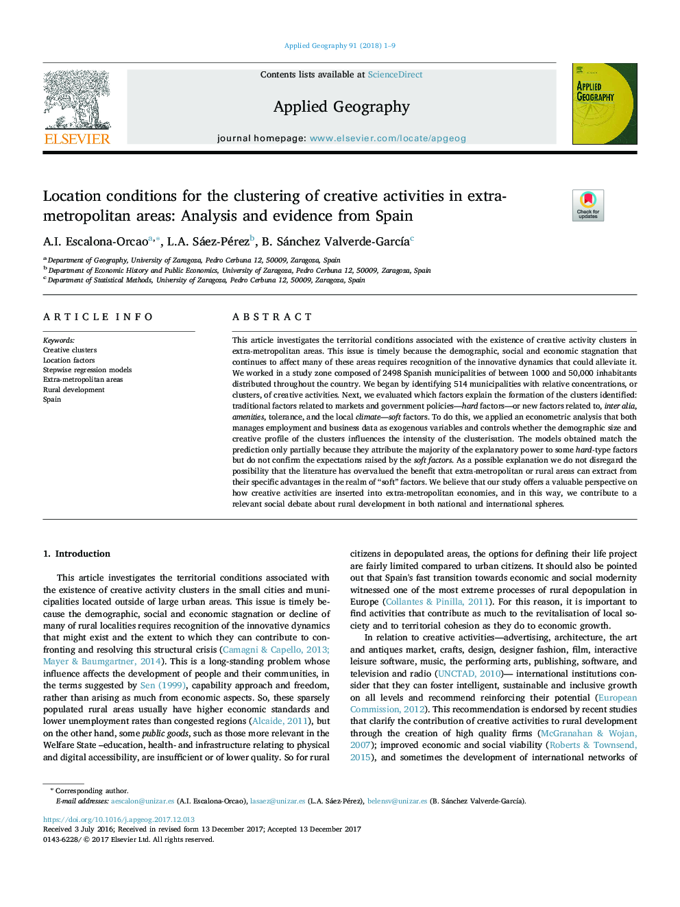 Location conditions for the clustering of creative activities in extra-metropolitan areas: Analysis and evidence from Spain