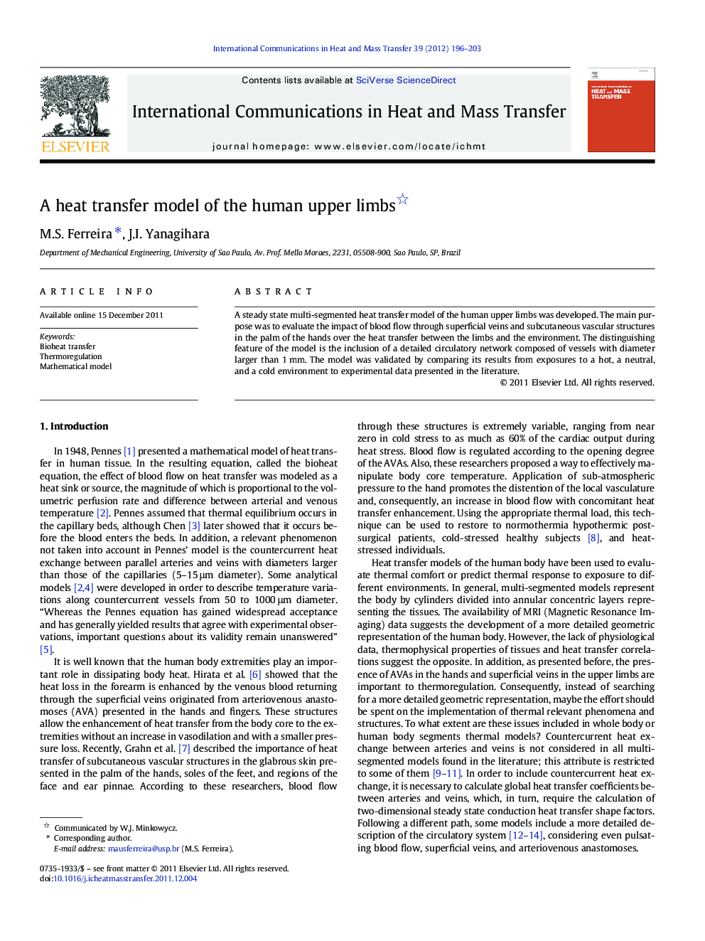 A heat transfer model of the human upper limbs 