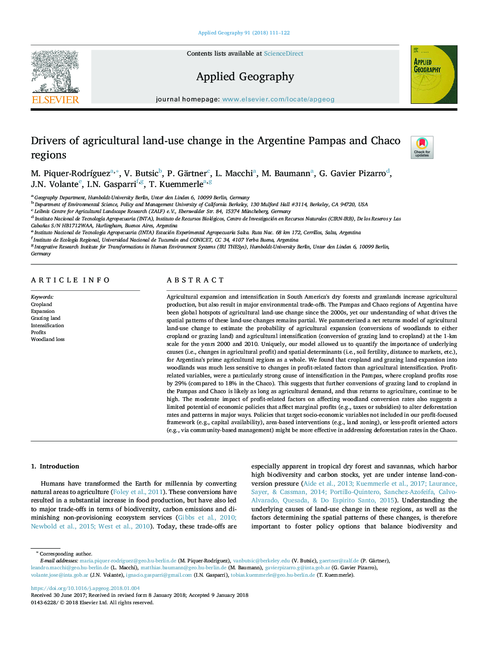 Drivers of agricultural land-use change in the Argentine Pampas and Chaco regions