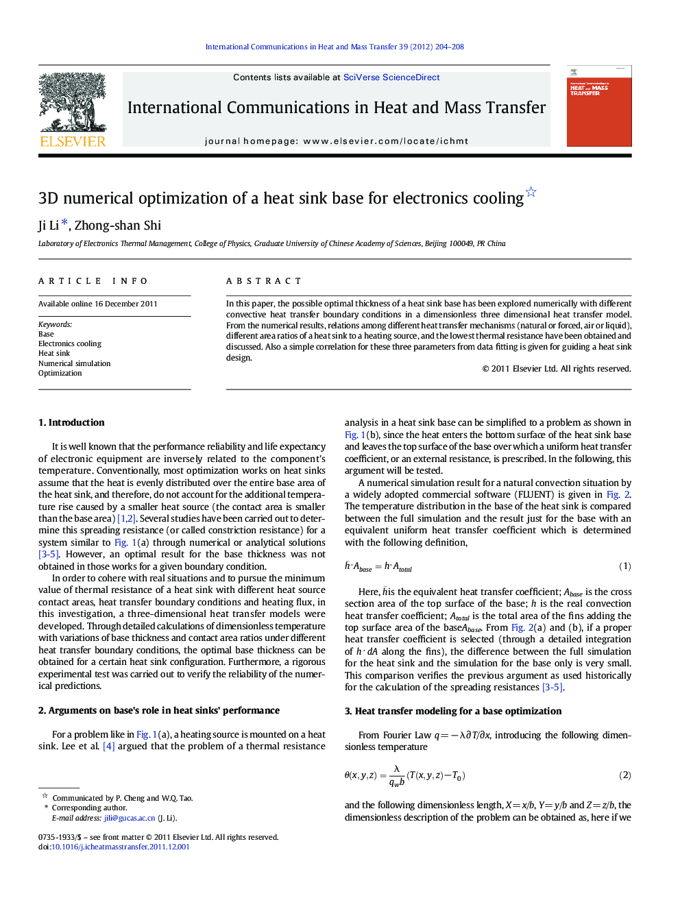 3D numerical optimization of a heat sink base for electronics cooling 