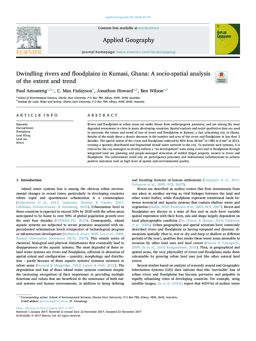 Dwindling rivers and floodplains in Kumasi, Ghana: A socio-spatial analysis of the extent and trend