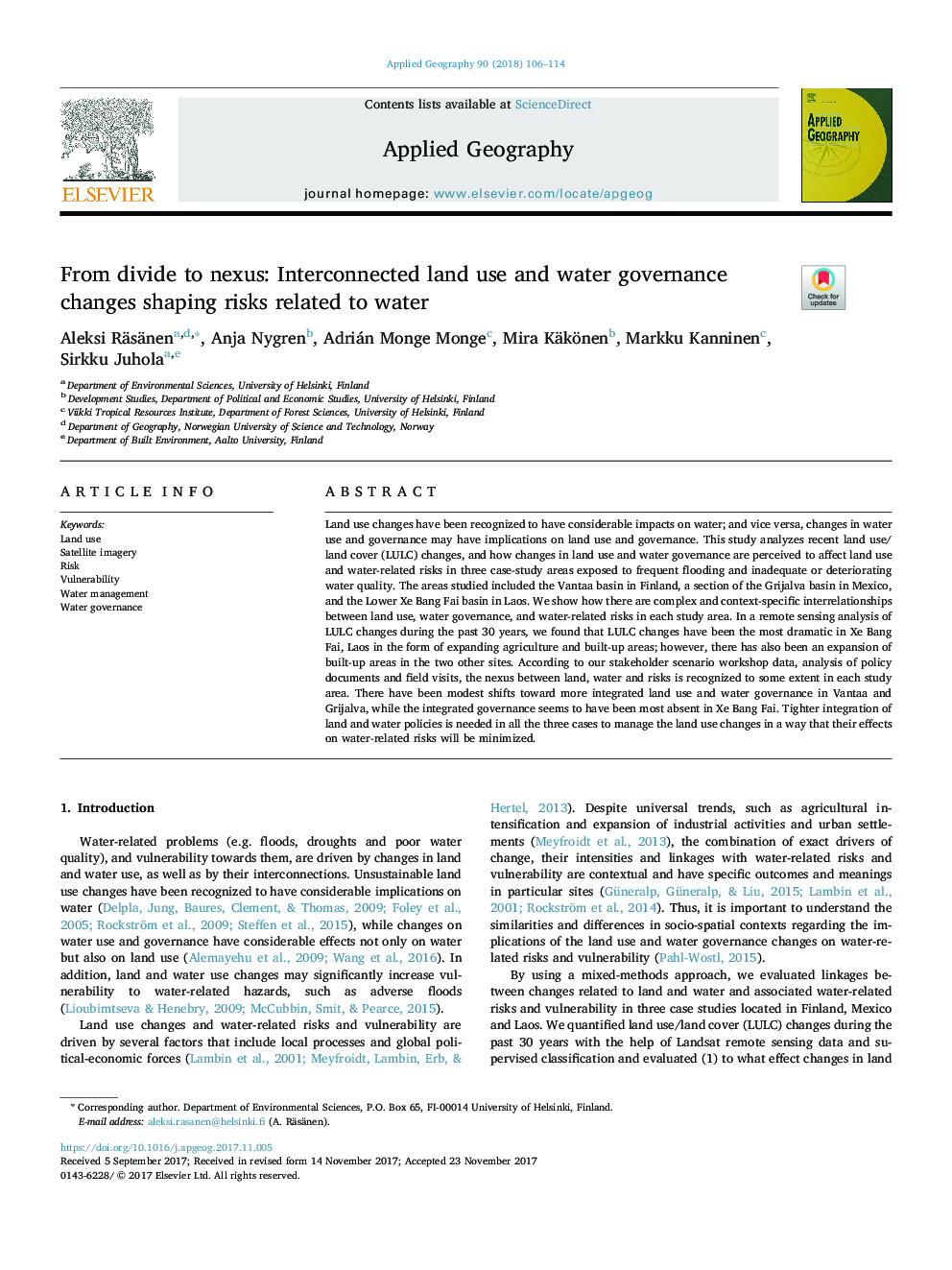 From divide to nexus: Interconnected land use and water governance changes shaping risks related to water