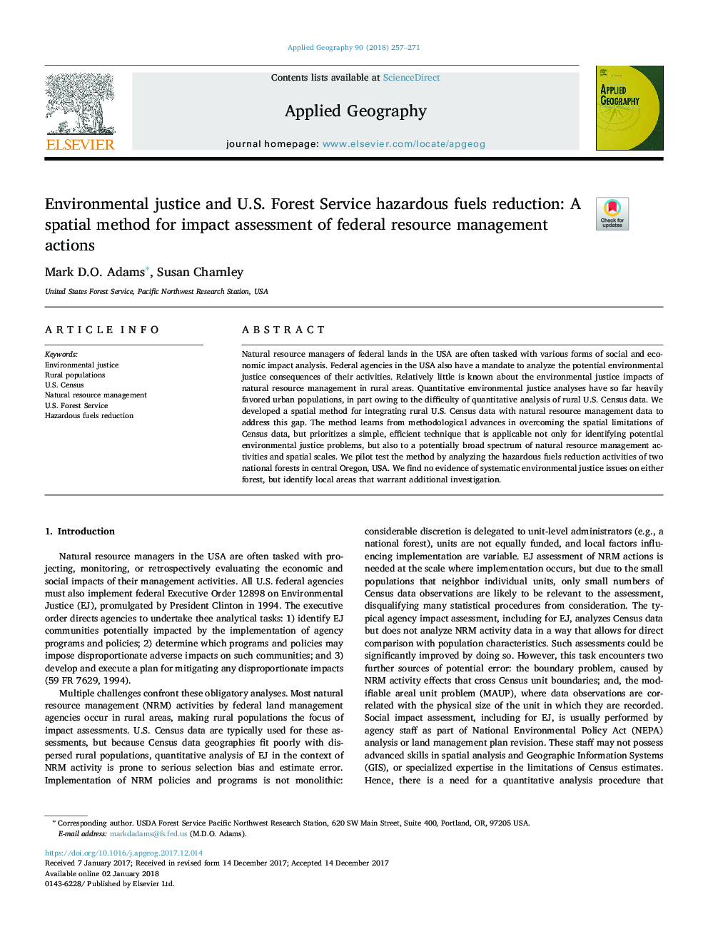 Environmental justice and U.S. Forest Service hazardous fuels reduction: A spatial method for impact assessment of federal resource management actions