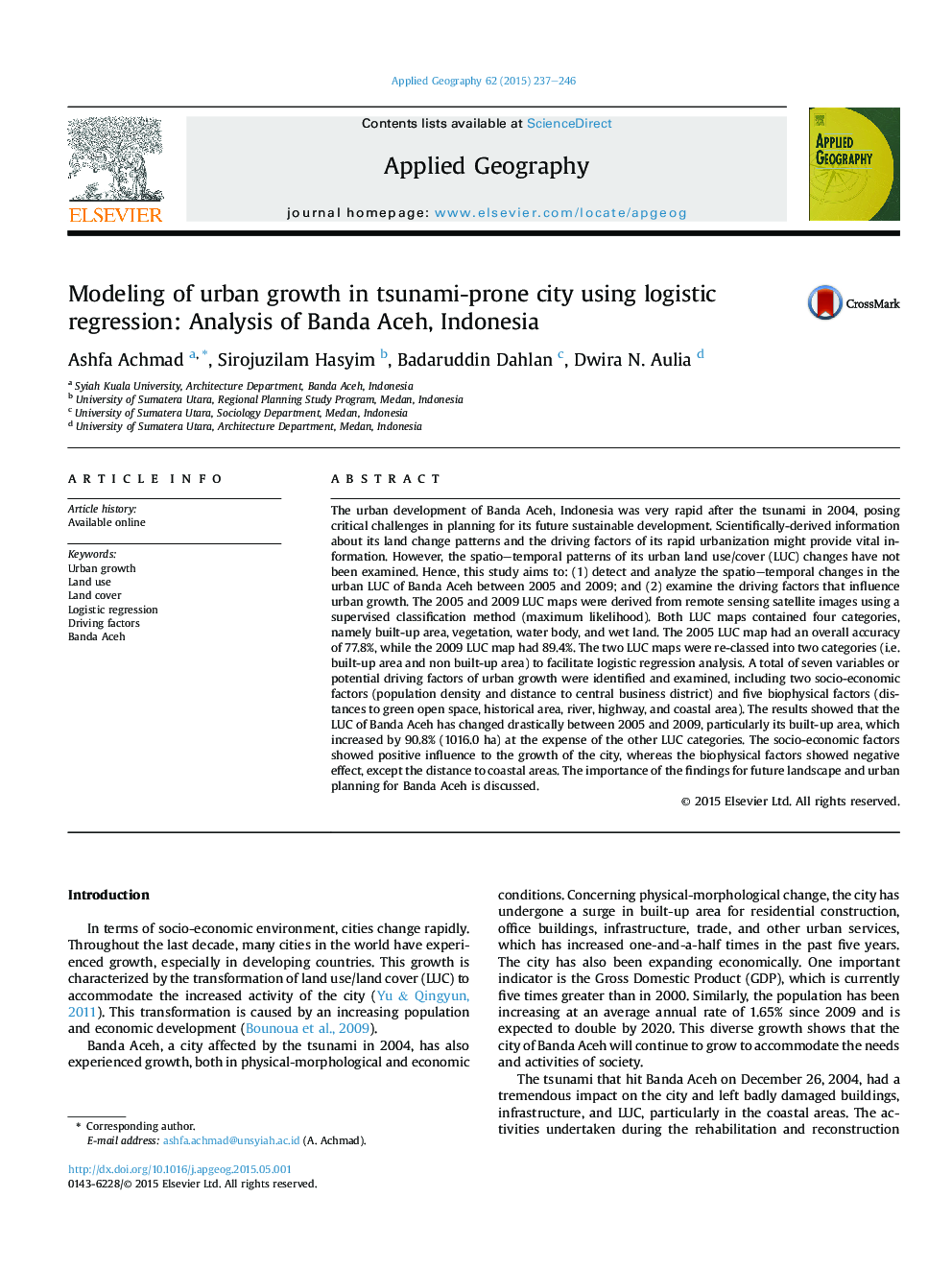 Modeling of urban growth in tsunami-prone city using logistic regression: Analysis of Banda Aceh, Indonesia