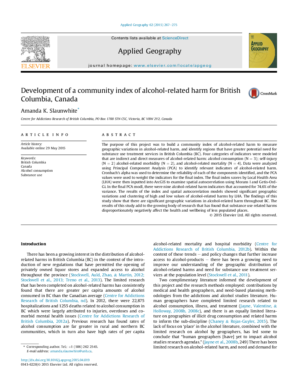 Development of a community index of alcohol-related harm for British Columbia, Canada