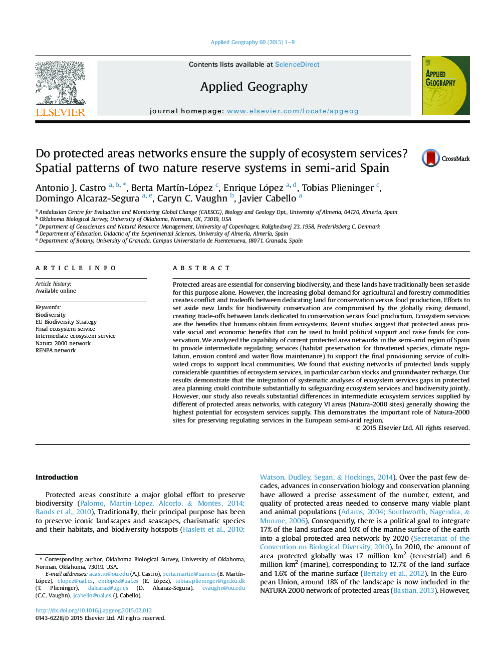 Do protected areas networks ensure the supply of ecosystem services? Spatial patterns of two nature reserve systems in semi-arid Spain