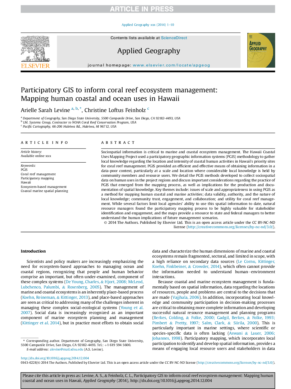 Participatory GIS to inform coral reef ecosystem management: Mapping human coastal and ocean uses in Hawaii