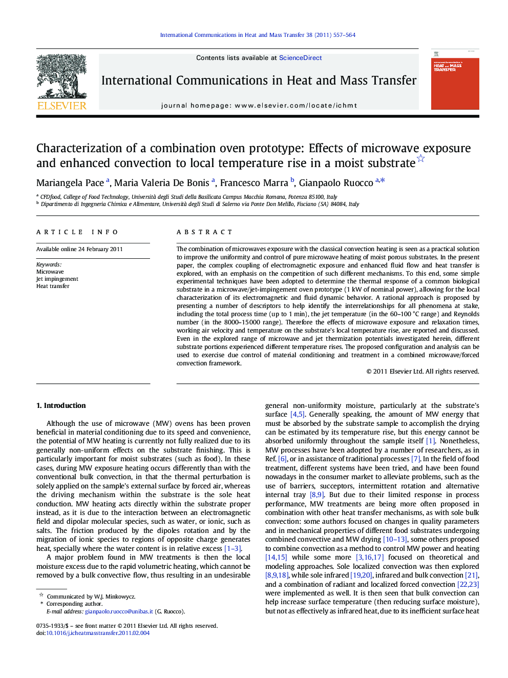 Characterization of a combination oven prototype: Effects of microwave exposure and enhanced convection to local temperature rise in a moist substrate 