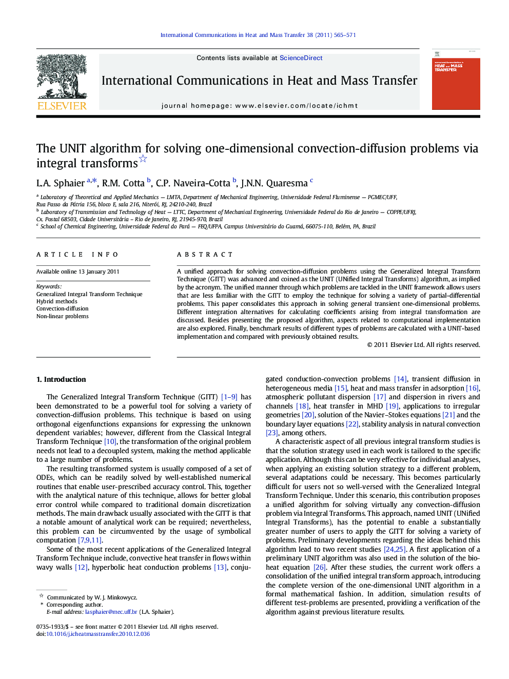 The UNIT algorithm for solving one-dimensional convection-diffusion problems via integral transforms 