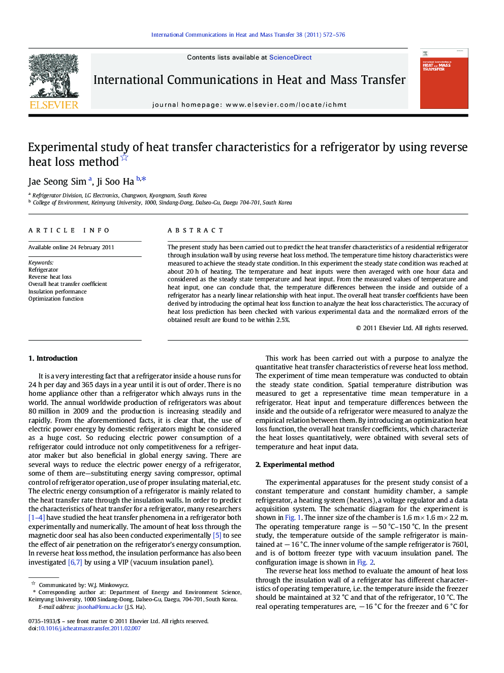 Experimental study of heat transfer characteristics for a refrigerator by using reverse heat loss method 