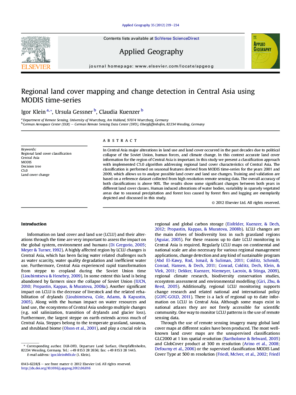 Regional land cover mapping and change detection in Central Asia using MODIS time-series