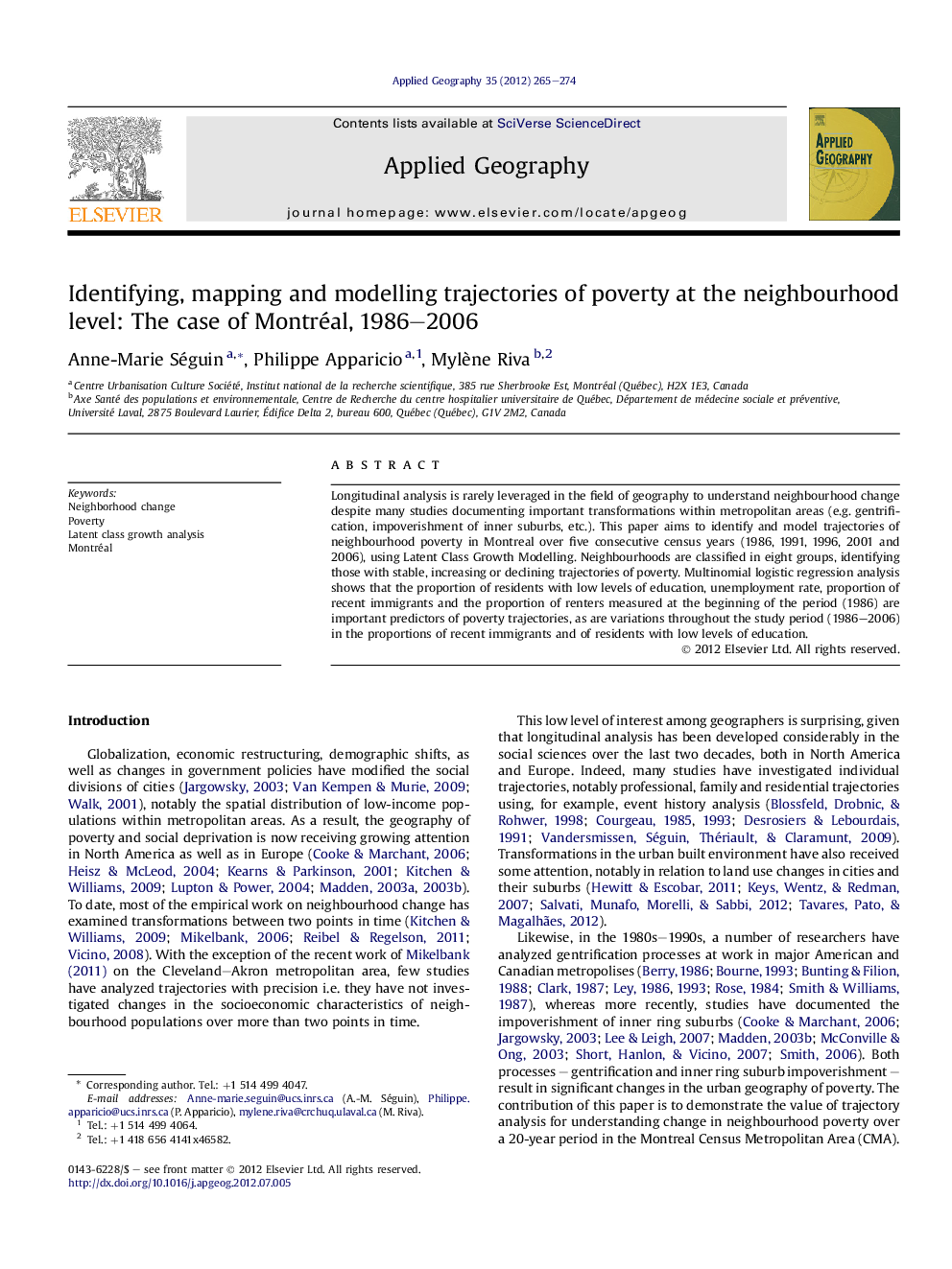 Identifying, mapping and modelling trajectories of poverty at the neighbourhood level: The case of Montréal, 1986-2006