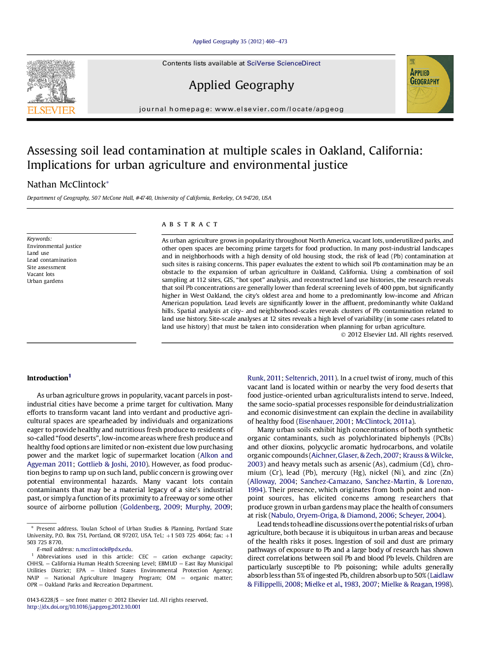 Assessing soil lead contamination at multiple scales in Oakland, California: Implications for urban agriculture and environmental justice