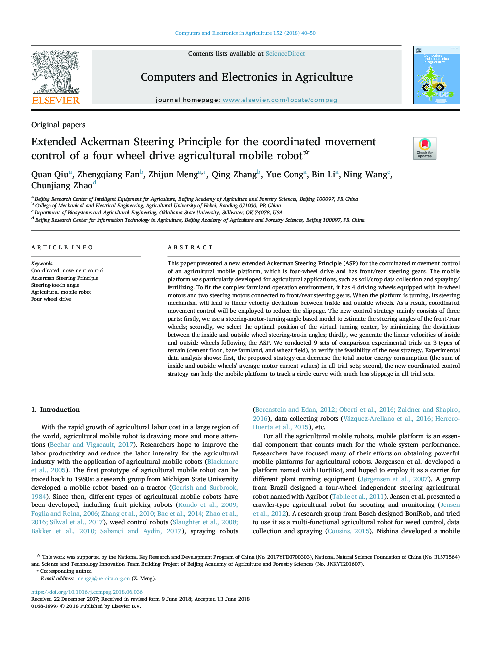Extended Ackerman Steering Principle for the coordinated movement control of a four wheel drive agricultural mobile robot