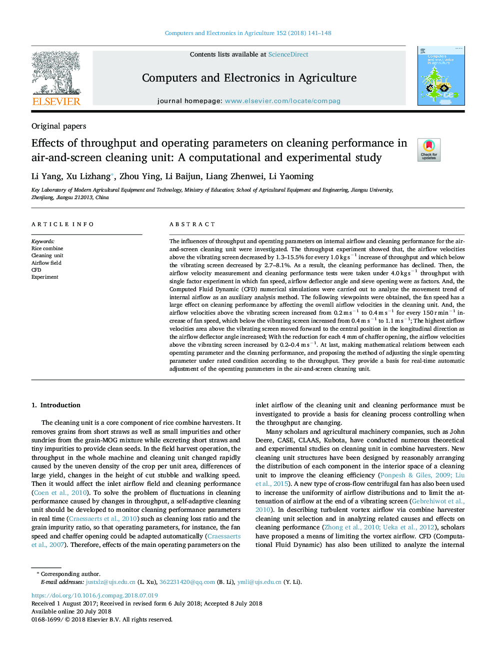 Effects of throughput and operating parameters on cleaning performance in air-and-screen cleaning unit: A computational and experimental study