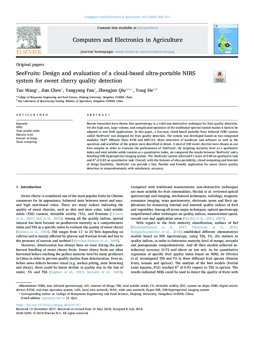 SeeFruits: Design and evaluation of a cloud-based ultra-portable NIRS system for sweet cherry quality detection