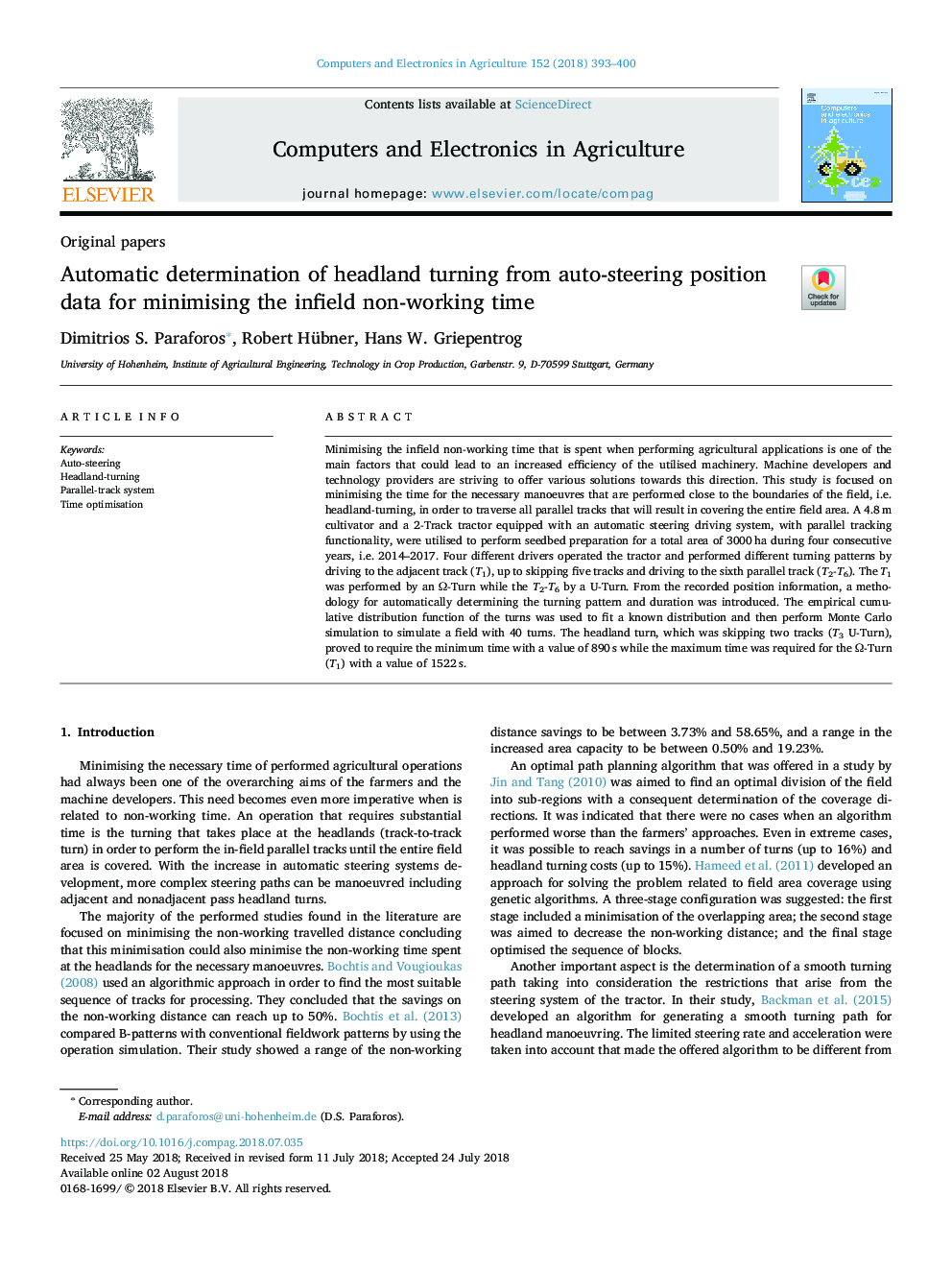 Automatic determination of headland turning from auto-steering position data for minimising the infield non-working time