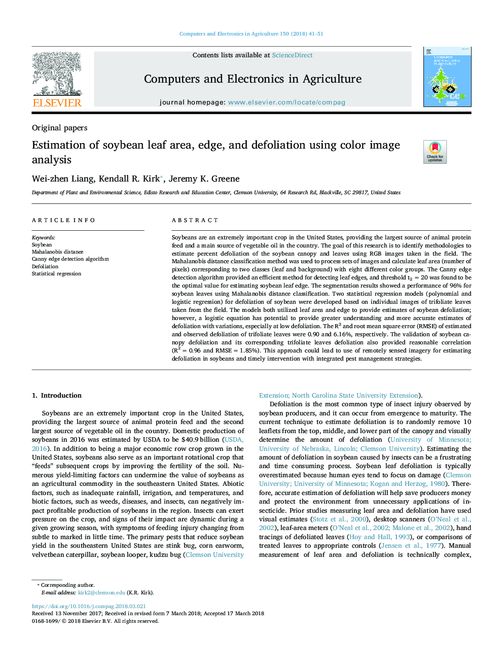 Estimation of soybean leaf area, edge, and defoliation using color image analysis