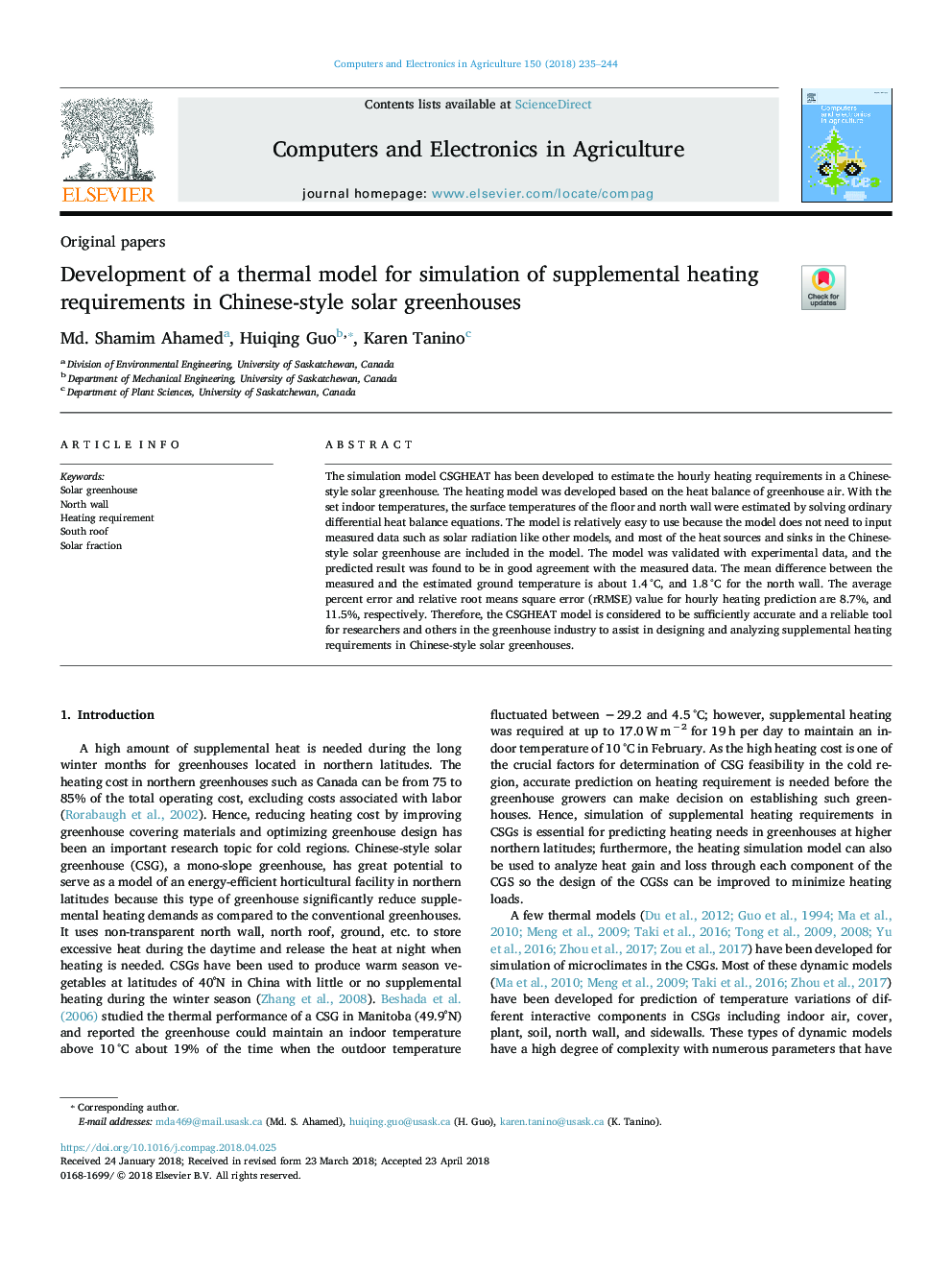 Development of a thermal model for simulation of supplemental heating requirements in Chinese-style solar greenhouses