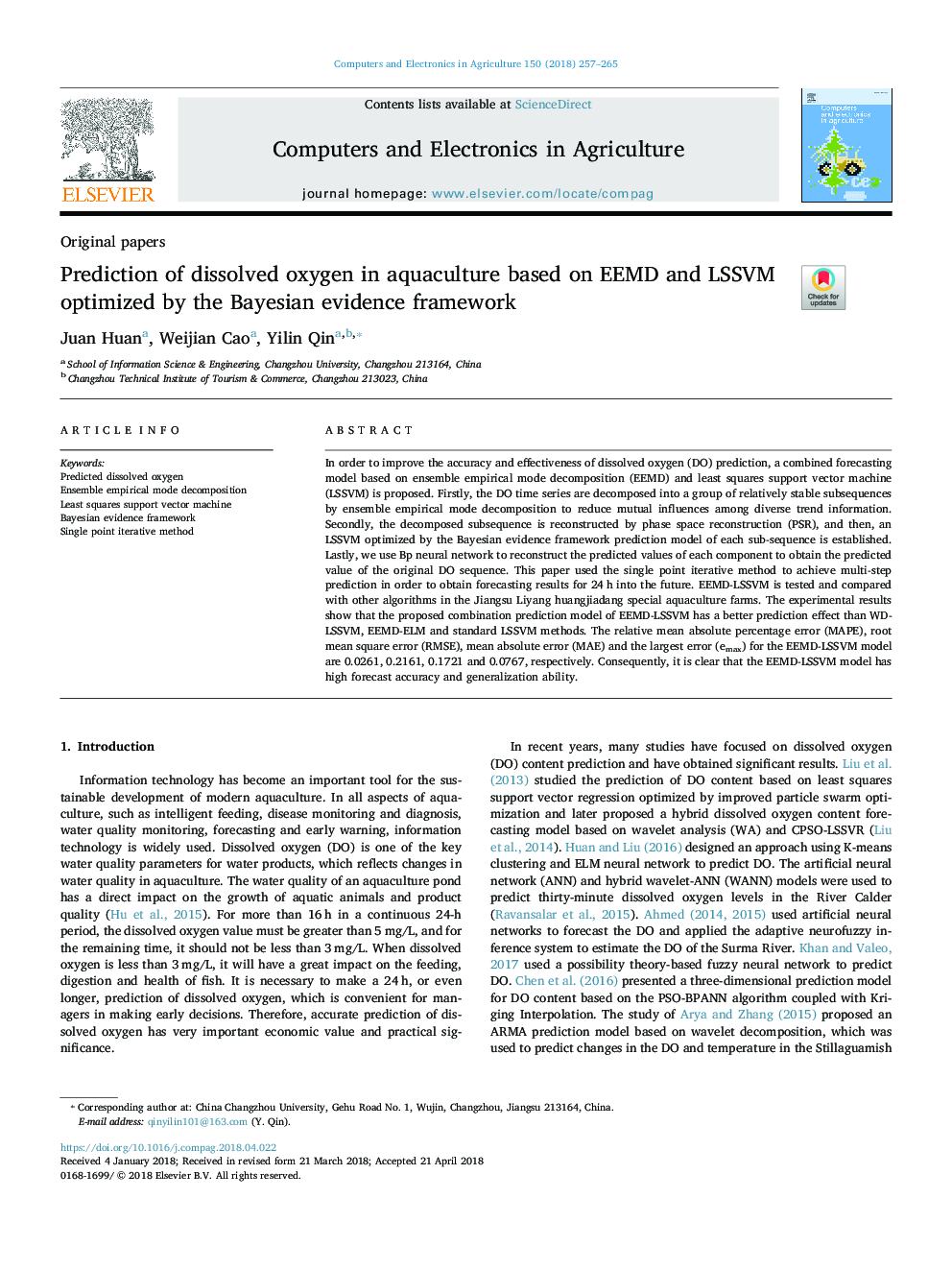 Prediction of dissolved oxygen in aquaculture based on EEMD and LSSVM optimized by the Bayesian evidence framework