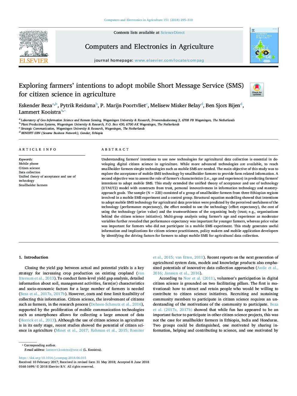 Exploring farmers' intentions to adopt mobile Short Message Service (SMS) for citizen science in agriculture