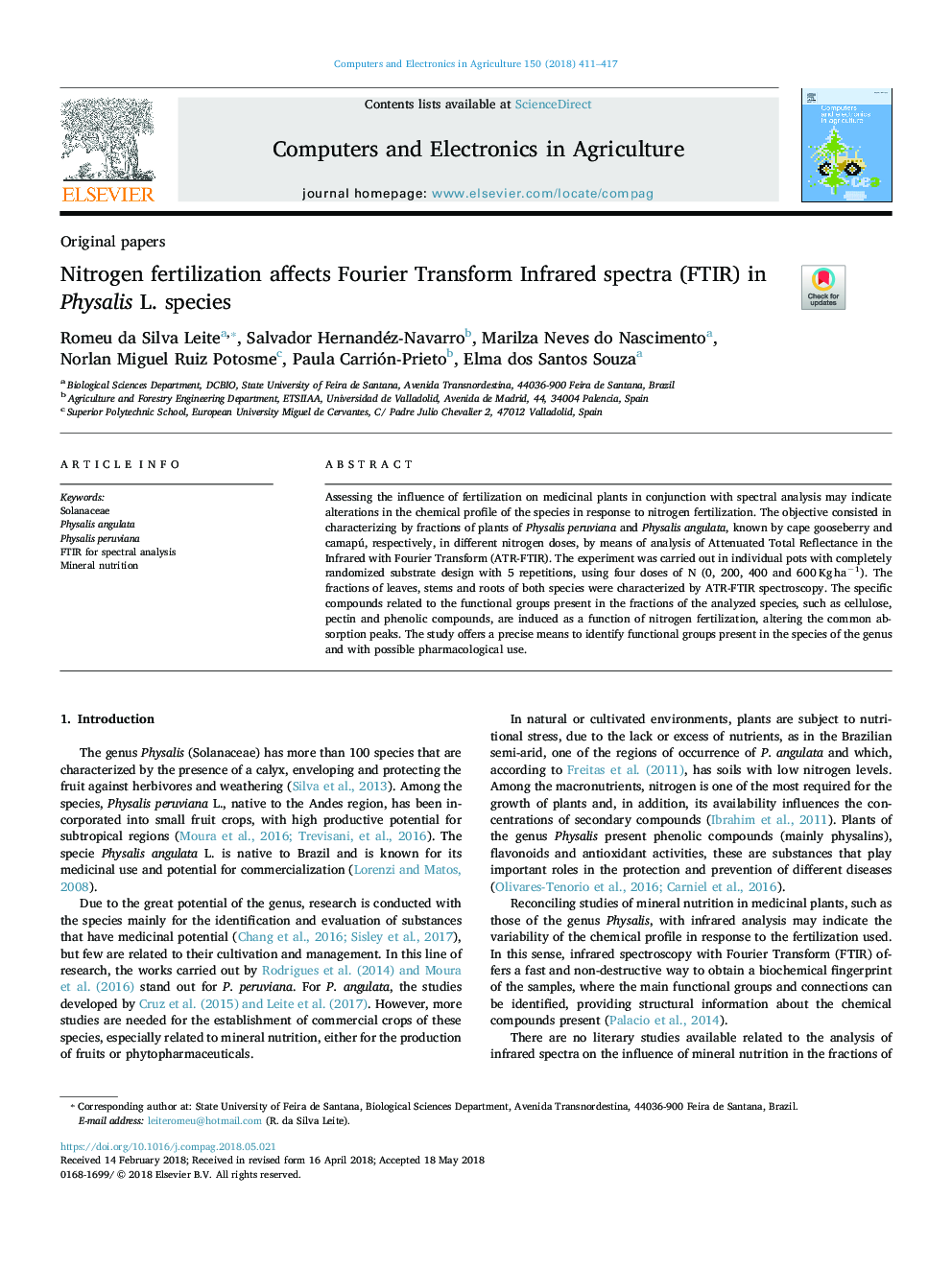 عکس صفحه اول مقاله: Nitrogen fertilization affects Fourier Transform Infrared spectra (FTIR) in Physalis L. species Nitrogen fertilization affects Fourier Transform Infrared spectra (FTIR) in Physalis L. species