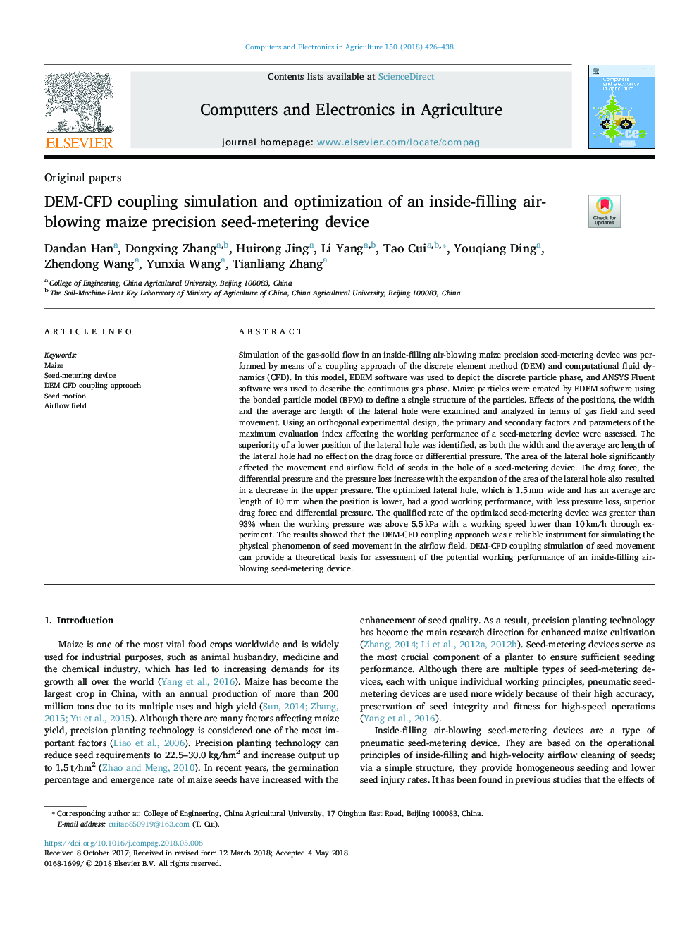 DEM-CFD coupling simulation and optimization of an inside-filling air-blowing maize precision seed-metering device