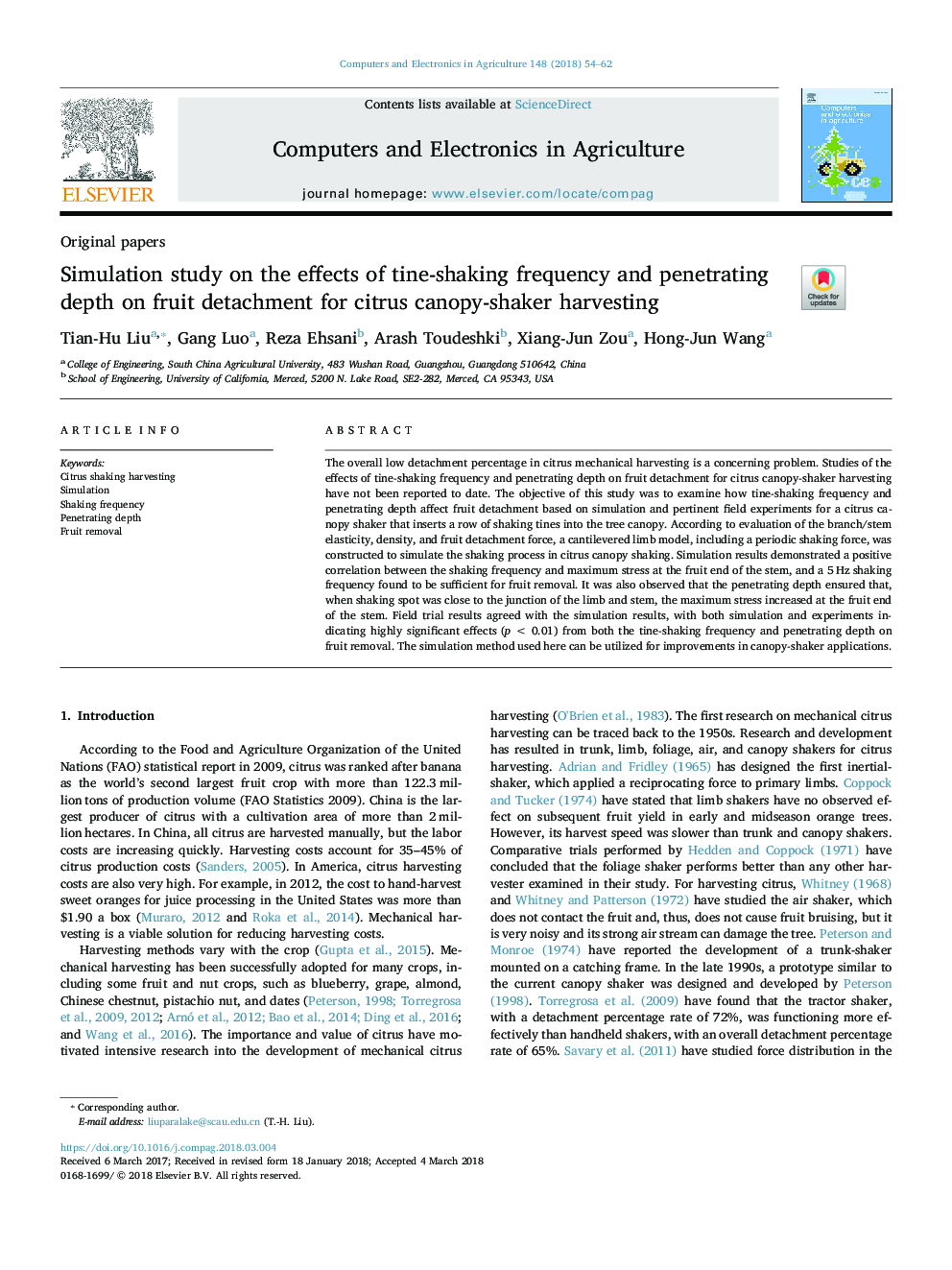 Simulation study on the effects of tine-shaking frequency and penetrating depth on fruit detachment for citrus canopy-shaker harvesting