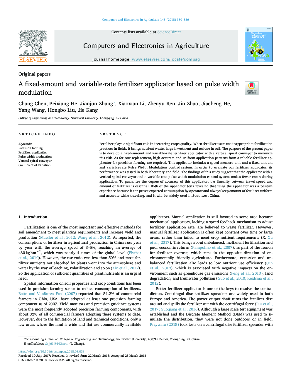 A fixed-amount and variable-rate fertilizer applicator based on pulse width modulation