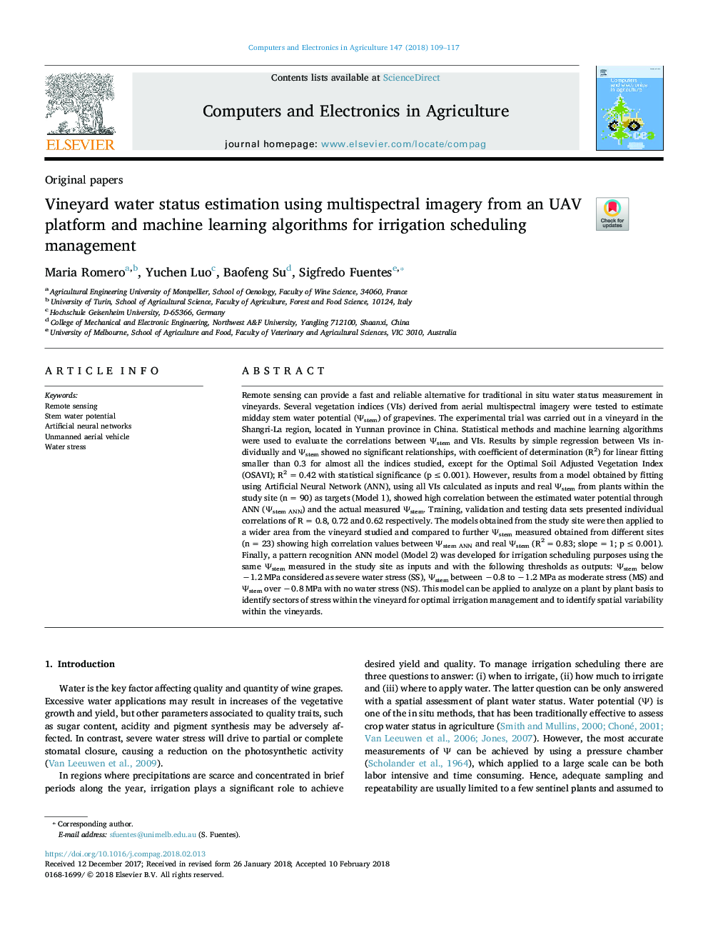 Vineyard water status estimation using multispectral imagery from an UAV platform and machine learning algorithms for irrigation scheduling management