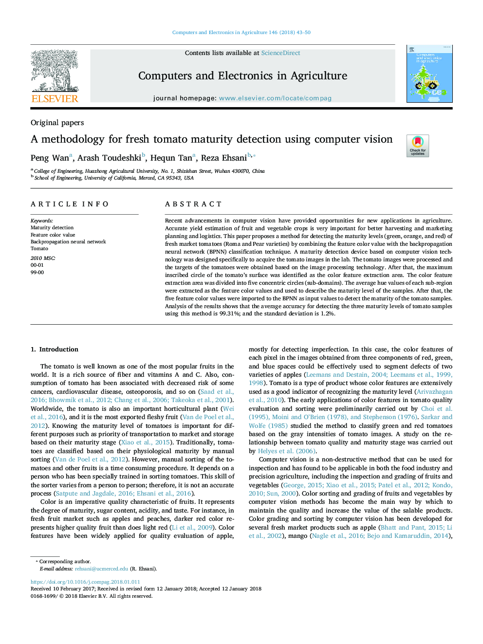 A methodology for fresh tomato maturity detection using computer vision