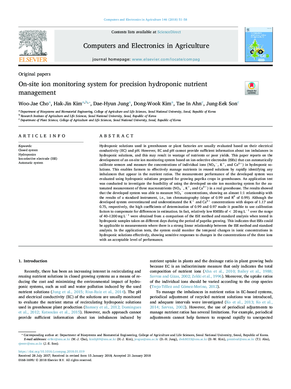 On-site ion monitoring system for precision hydroponic nutrient management