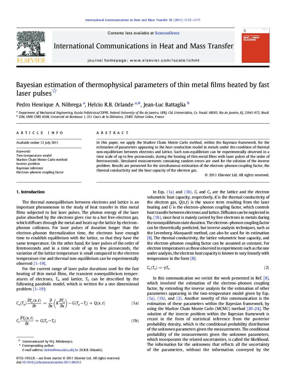 Bayesian estimation of thermophysical parameters of thin metal films heated by fast laser pulses 