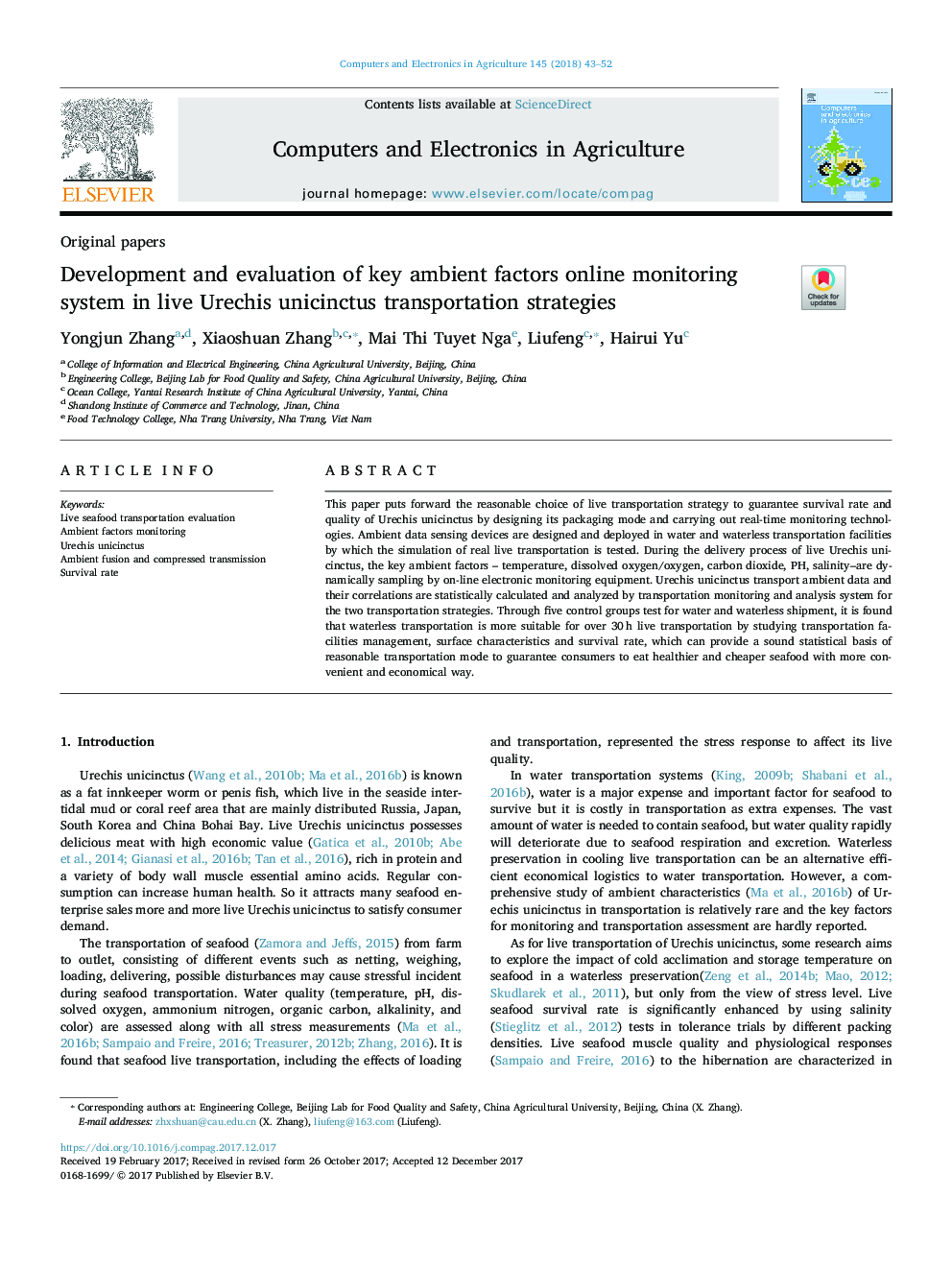 Development and evaluation of key ambient factors online monitoring system in live Urechis unicinctus transportation strategies