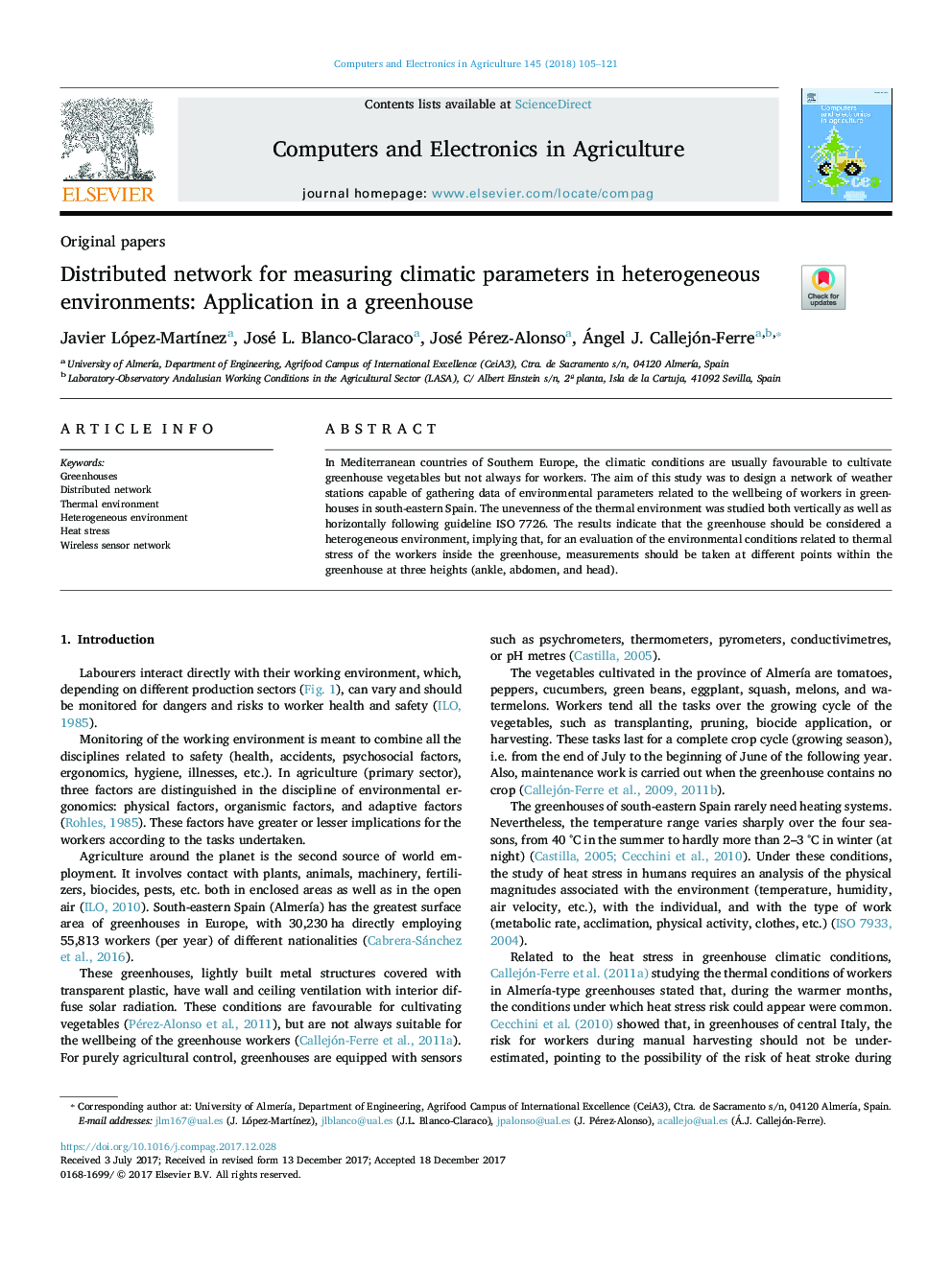 Distributed network for measuring climatic parameters in heterogeneous environments: Application in a greenhouse