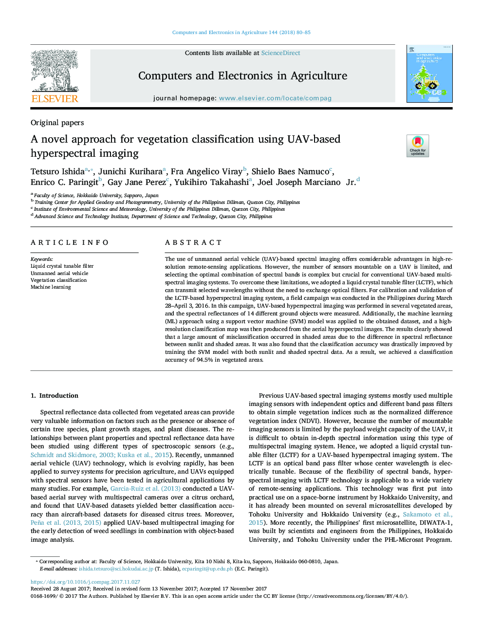 A novel approach for vegetation classification using UAV-based hyperspectral imaging