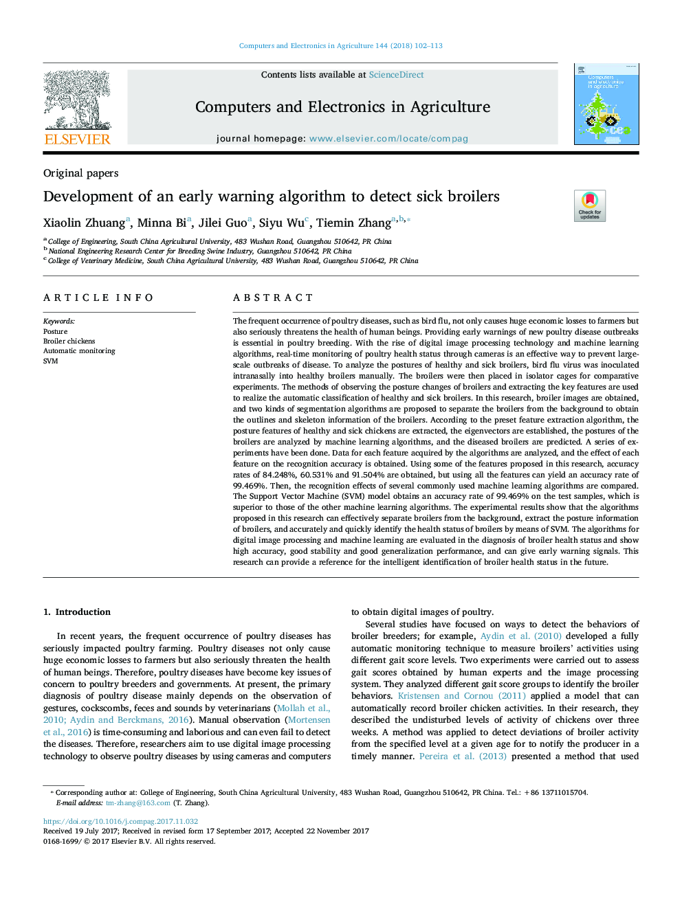 Development of an early warning algorithm to detect sick broilers